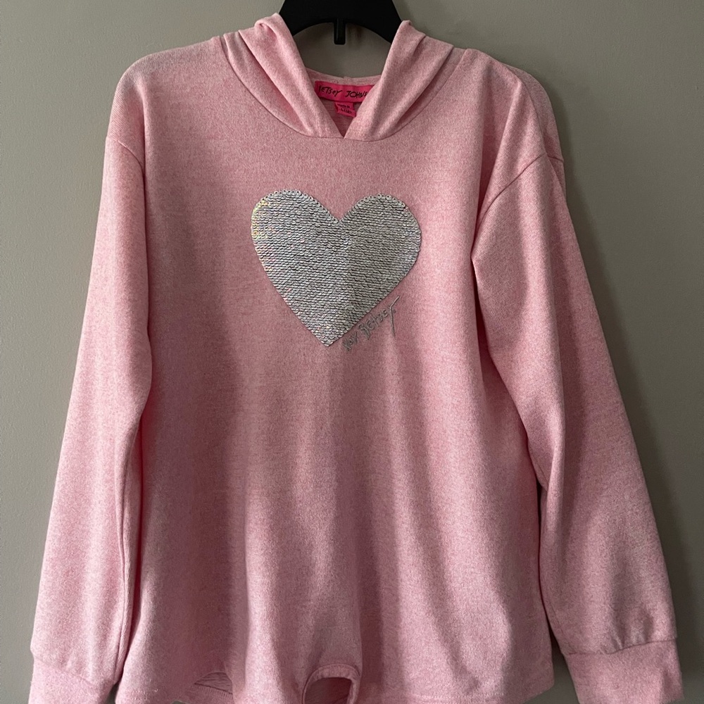 Flippy Heart Hoodie Top by Betsy Johnson for Girls/Large-12/Pink